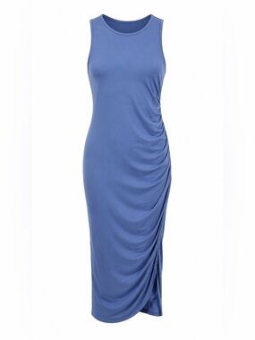 Sleeveless Ruched Midi Dress in Periwinkle Blue